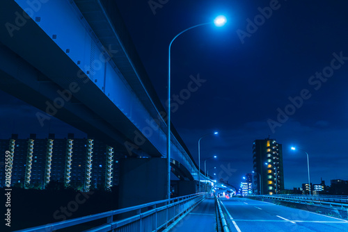 青い光に包まれた夜の橋と高架橋、遠くに輝くマンション群の都市風景