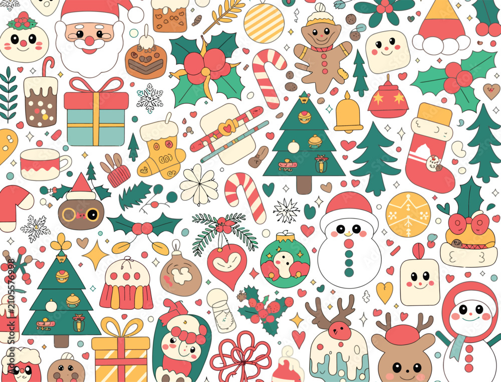 Naklejka premium Christmas seamless pattern with festive icons and holiday elements. Winter holiday vector background featuring gifts, trees, and ornaments for comm...