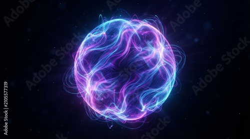Abstract 3D sphere of purple and blue neon gradient particle waves representing Artificial Intelligence.