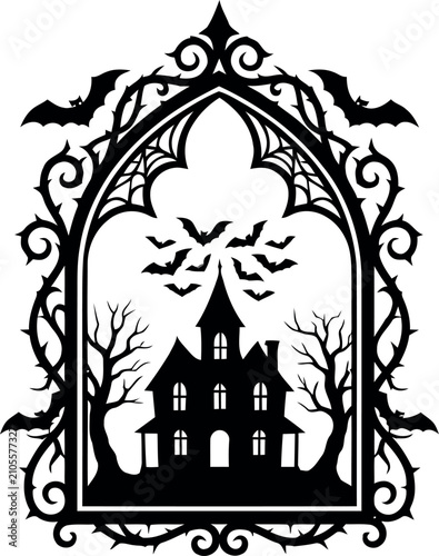 Canvastavla Haunted house silhouette with bats and ornate gothic frame on white background