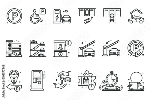 Set of thin line parking and vehicle transport icons featuring parking lots barrier gates ticketing machines electric car charging and garage symbols