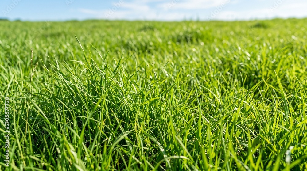 Fototapeta premium Vibrant green grass field under a clear blue sky on a sunny day