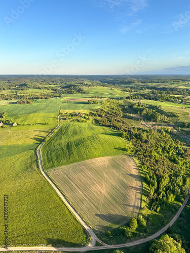 Aerial view of green farmland and forest with a winding road under clear blue sky. Scenic countryside, summer landscape, rural travel, peaceful outdoors, wide view. Vertical background with copy space
