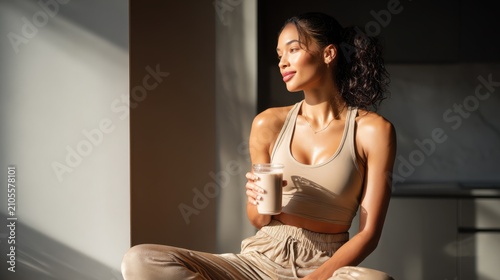 Woman in athletic wear holding a drink, bathed in warm sunlight. A fit woman with a ponytail enjoys a beverage in a bright, modern setting, with sunlight casting shadows
