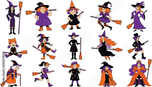 Konstfotografi Diverse witches on broomsticks halloween illustration for spooky season celebrat