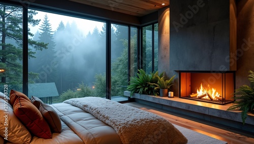 Cozy cabin bedroom with lit fireplace and foggy forest view through large windows