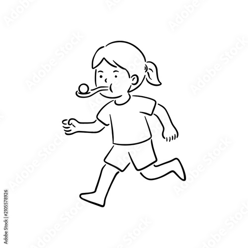 Girl running with marble on spoon game doodle vector. Indonesian traditional independence day 17 agustus lari kelereng line art illustration