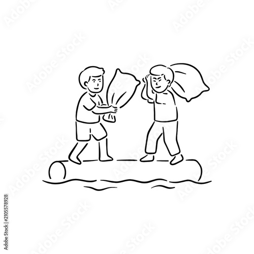 Two boys having pillow fight on a log doodle vector. Indonesian traditional independence day 17 agustus gebuk bantal line art illustration