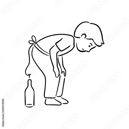 Vector line art of a boy playing a traditional Indonesian independence day game, inserting a nail attached to his waist into a bottle