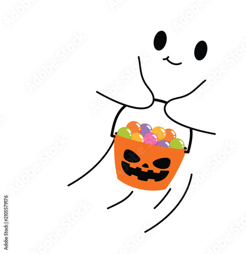 Smile Ghost Carrying Halloween Candy Bucket Vector, White Ghost Playing Trick or Treat illustration