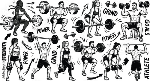 Quadro su tela Fitness Training Vector Collection with Strength Workout Motivation and Gym Exer