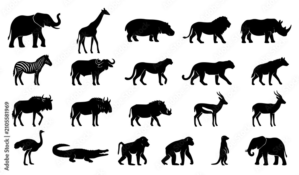 Obraz premium African Wildlife Black Silhouette Vector Set with Elephant Giraffe Hippopotamus and Safari Animals