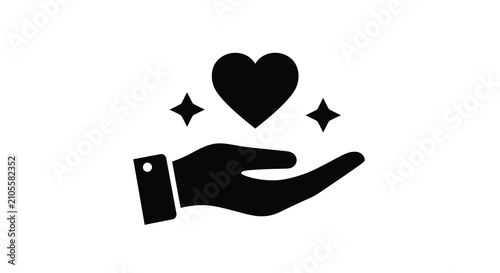 Quadro su tela Black silhouette of a hand holding a heart with sparkles on a white background a