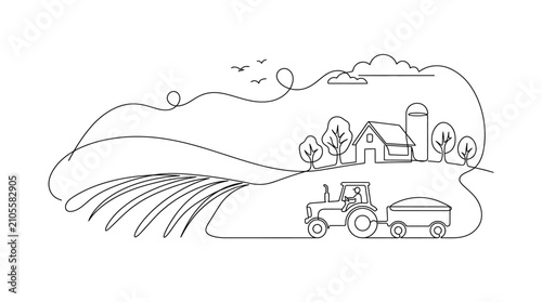 A continuous line drawing of a rural farm landscape with a tractor and barn.
