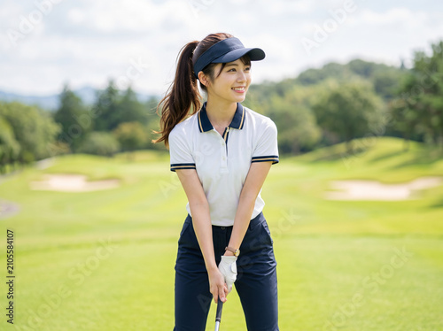 Plakat 開放的なゴルフ場で微笑みながら構える女性