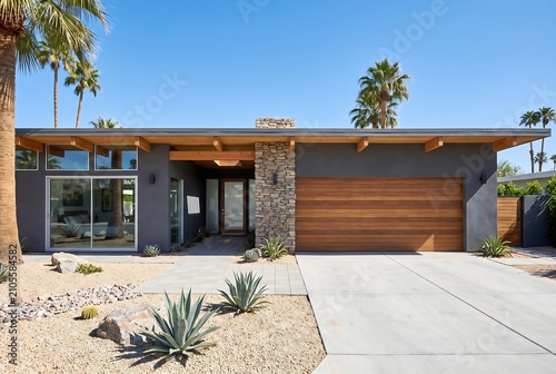 Modern midcentury desert home exterior with horizontal wood garage door, stone column, flat roofline, and xeriscape landscaping in palm springs california