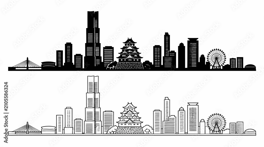 Obraz premium Osaka City Skyline Silhouette with Castle and Ferris Wheel