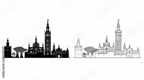 Seville city skyline silhouette with iconic landmarks in Spain