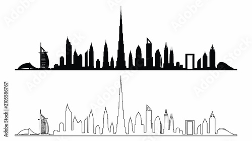 Dubai city skyline silhouette with solid and outline vector icons