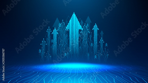 Luminous arrows rise to sky. Concept of business growth, technology innovation, digital progress, data transfer, network connection. Glowing arrows with circuit lines form digital flow. Vector.