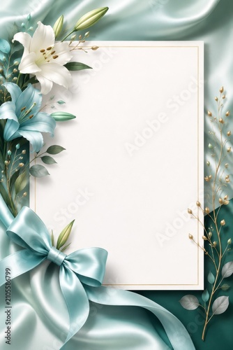 Blank wedding invitation card with lilies. Elegant floral frame on blue silk background.