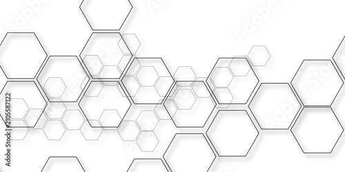 Abstract geometric pattern of interconnected translucent hexagon shapes forming a scientific molecular structure on a clean, bright backdrop