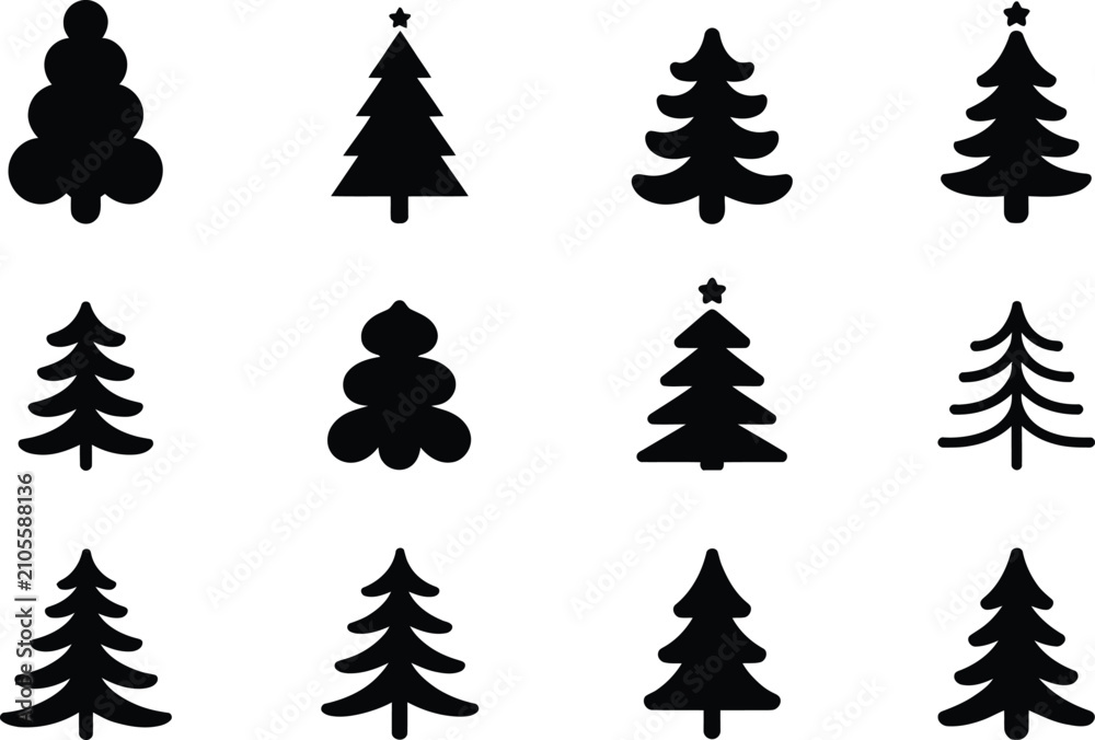 Obraz premium Black silhouette christmas tree collection for holiday decorations and seasonal designs