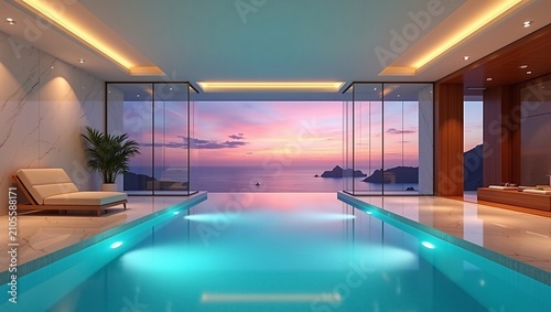 Luxury indoor infinity pool with panoramic sunset ocean view