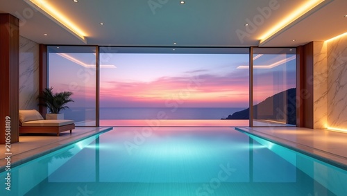 Luxury indoor infinity pool with panoramic sunset ocean view