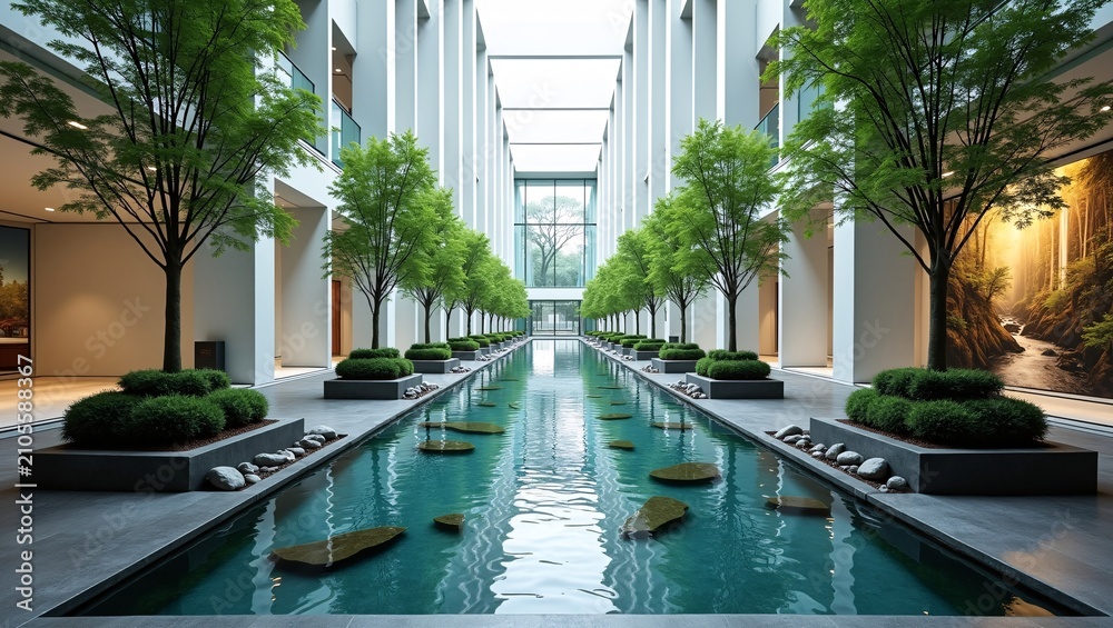 Fototapeta premium Minimalist atrium with central water channel and symmetrical green trees