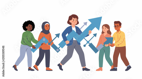 Diverse group collaborates holding and advancing a stylized upward-trending graph