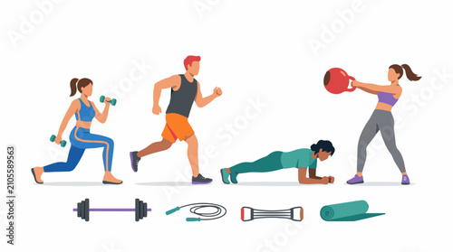 Diverse group engaged in varied exercises with fitness equipment