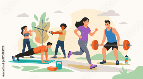 Diverse group engaged in outdoor fitness activities and training