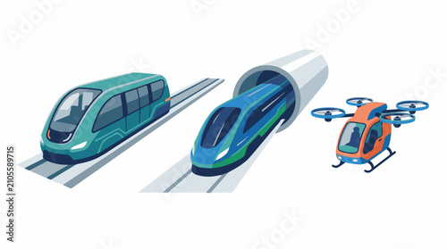 Diverse futuristic transportation trains tunnel and aerial vehicle