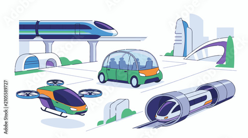 Diverse futuristic transportation modes depicted in an urban setting