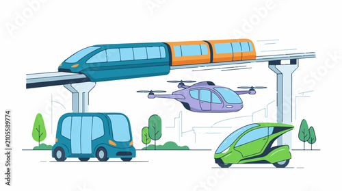 Diverse futuristic transportation modes including a monorail drone and futuristic cars