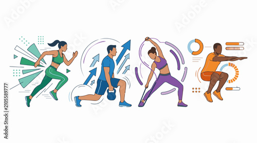 Diverse group doing various fitness exercises with abstract graphics