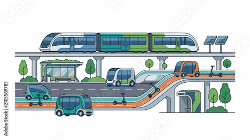 Diverse futuristic transport modes on elevated tracks and roads