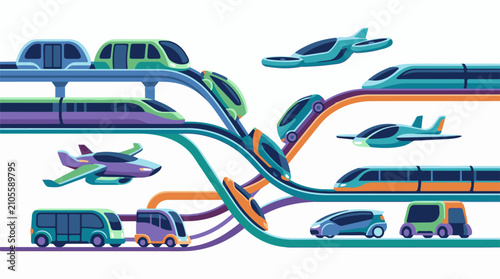 Diverse future transportation systems depicted on white background