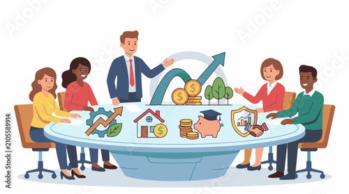 Diverse group discussing financial growth and investment strategies at a table