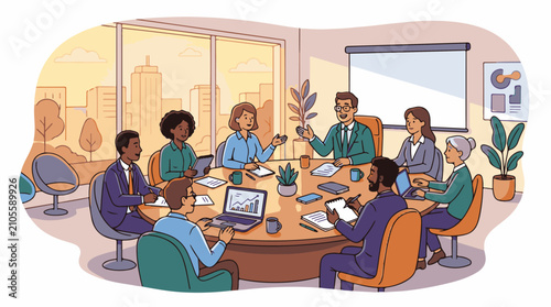 Diverse group discusses strategy at round table in sunlit office