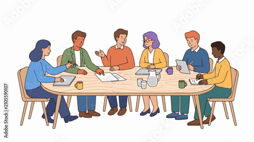 Diverse group collaborates at a meeting table engaged in discussion and note-taking