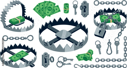 Принти на полотні Financial Money Trap Element Set Featuring Steel Bear Traps with Cash Bait Padlo