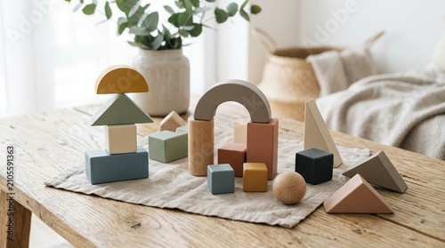 Cozy miniature house model on wooden table with plants. Tiny home decor mockup for real estate staging and interior design inspiration