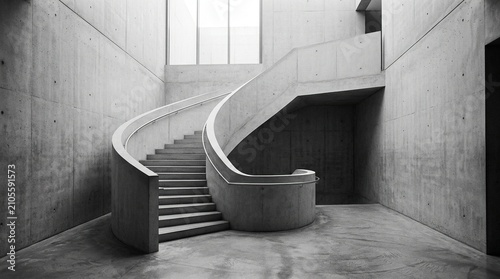 Modern minimalist concrete staircase in industrial loft interior. Sleek architectural design with curved steps and urban loft vibe