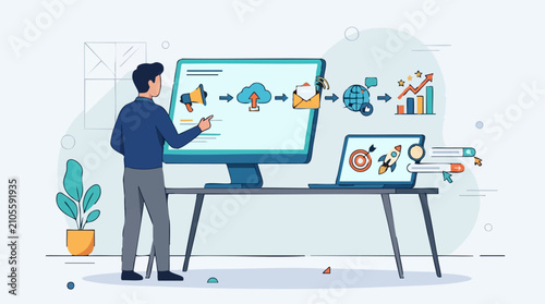 Digital marketing strategy and business growth analysis illustration