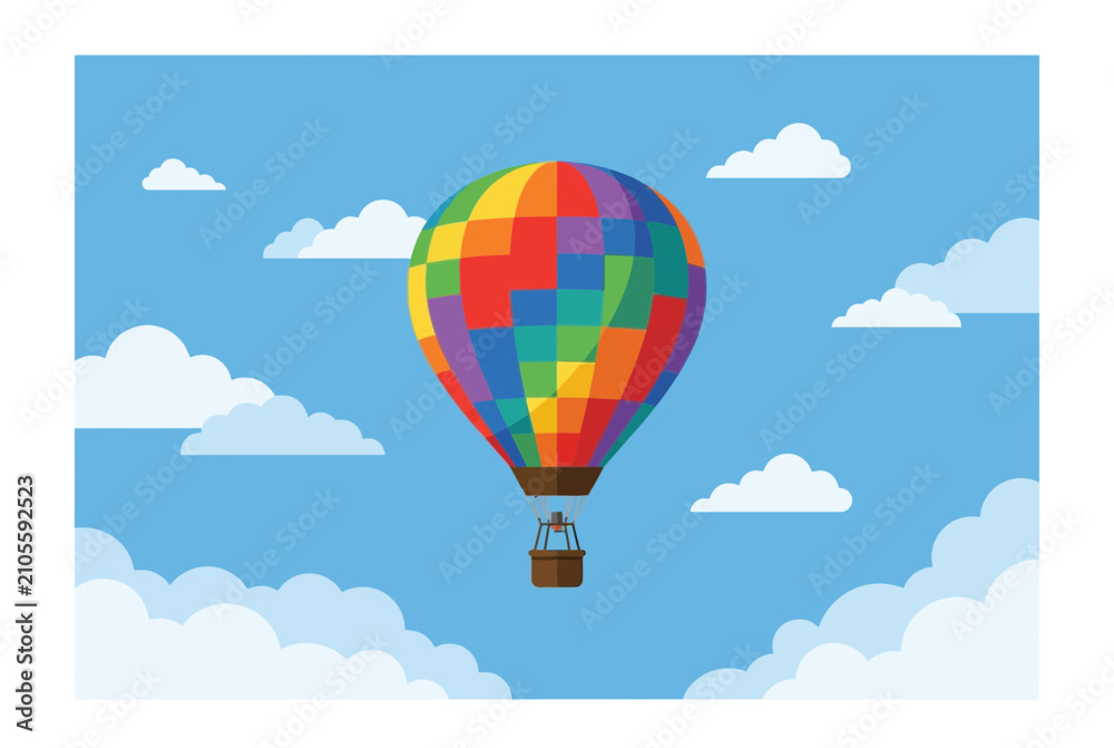 Obraz premium Colorful hot air balloon in blue sky flat vector illustration