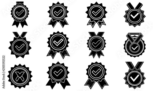 Premium Award Medal and Badge Vector Icon Collection – Achievement, Winner, Champion, Certificate, Recognition, Trophy, Ribbon, Honor, Seal Black Silhouette Set