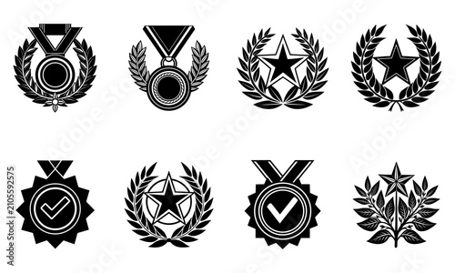 Premium Achievement Medal and Award Badge Vector Icon Set  Winner Ribbon, Laurel Wreath, Star Emblem, Check Mark Seal, Excellence Certification, Quality Award, Monochrome Outline Collection