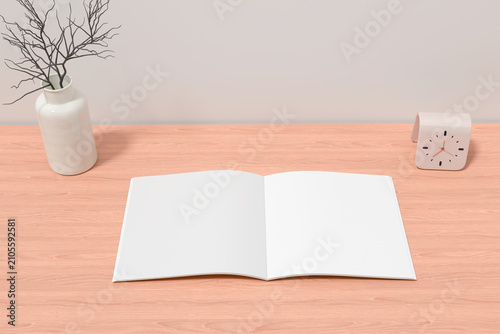Canvastavla Square book or magazine mockup with open blank white pages on wooden desk table,